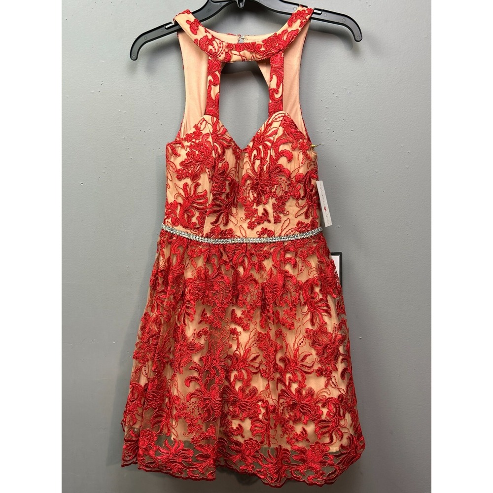 Say Yes to the Dress Dress Womens 1 XS Red Lace Halter Fit & Flare Rhinestone